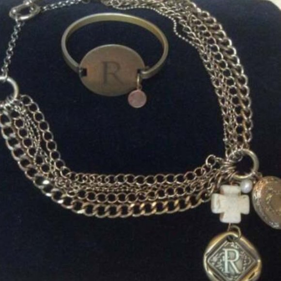 Designer Initial "R" Name Gold Tone Brass? Bracelet-Cross Necklace Jewelry - Picture 2 of 8